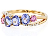 Blue Tanzanite With Pink & White Moissanite Fire® 18k Yellow Gold Over Sterling Silver Ring 1.23ctw