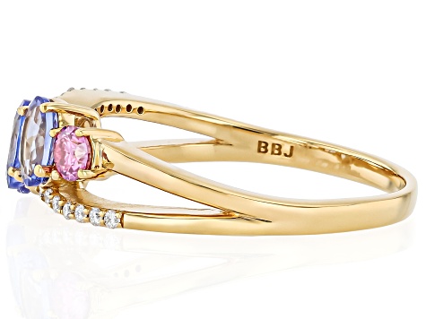 Blue Tanzanite With Pink & White Moissanite Fire® 18k Yellow Gold Over Sterling Silver Ring 1.23ctw