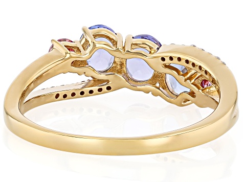 Blue Tanzanite With Pink & White Moissanite Fire® 18k Yellow Gold Over Sterling Silver Ring 1.23ctw