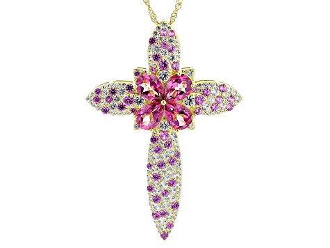 Pink Topaz 18k Yellow Gold Over Silver Cross Pendant/Chain 9.08ctw