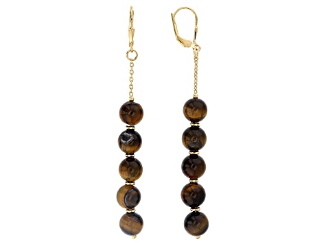 Brown Tigers Eye 18k Yellow Gold Over Sterling Silver Beaded Dangle Earrings