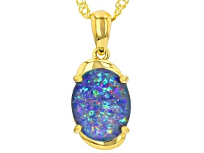 Blue Australian Opal 18k Yellow Gold Over Sterling Silver Pendant With Chain