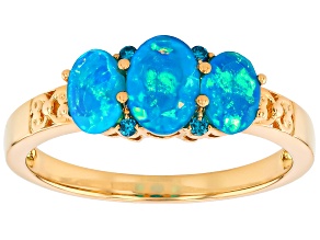 Paraiba Blue Ethiopian Opal With Blue Lab Grown Diamond 18k Yellow Gold Over Silver Ring 0.77ctw