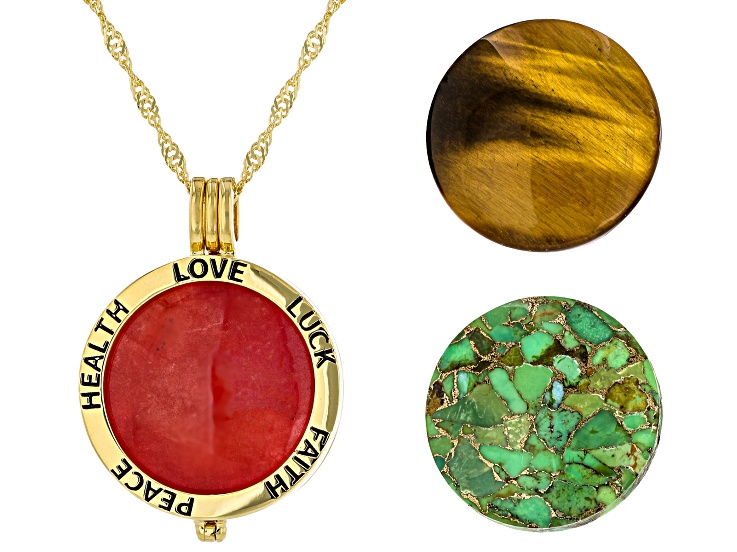 Tigers Eye 18k Yellow Gold Over Silver Set Of 3 Pendant Chain