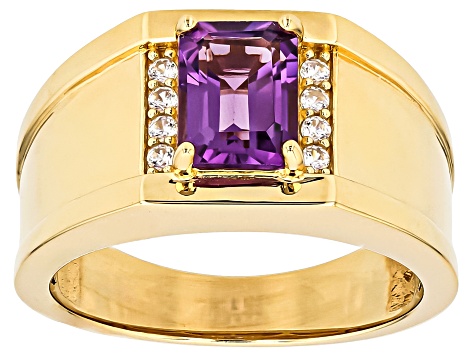 Canela Amethyst With White Zircon 18k Yellow Gold Over Sterling Silver Men's Ring 1.50ctw