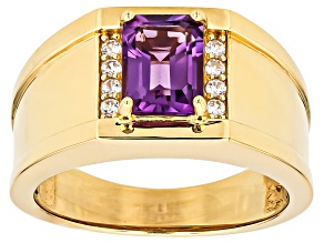 Canela Amethyst With White Zircon 18k Yellow Gold Over Sterling Silver Men's Ring 1.50ctw