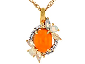 Ethiopian Opal With Lab Diamond & Zircon 18k Yellow Gold Over Silver Pendant/Chain 1.85ctw
