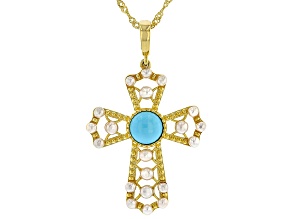 Sleeping Beauty Turquoise With Cultured Seed Pearl 18k Yellow Gold Over Silver Pendant With Chain
