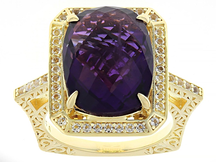 African Amethyst With White Topaz 18k Yellow Gold Over Sterling Silver Ring 10.20ctw