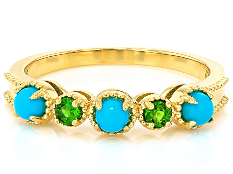 Blue Sleeping Beauty Turquoise With Chrome Diopside 18k Yellow Gold Over Sterling Silver Ring .12ctw
