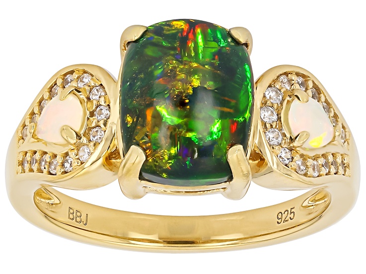 Black & White Ethiopian Opal With White Zircon 18k Yellow Gold Over Sterling Silver Ring 2.27ctw