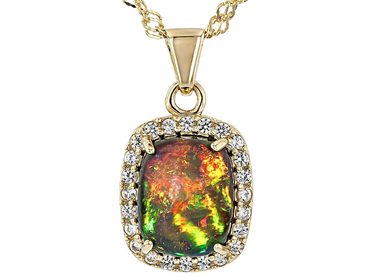 Black Ethiopian Opal With White Zircon 18K Yellow Gold Over Silver Pendant With Chain 2.25ctw