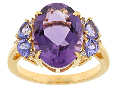Canela Amethyst With Tanzanite And White Zircon 18k Yellow Gold Over Sterling Silver Ring 5.16ctw