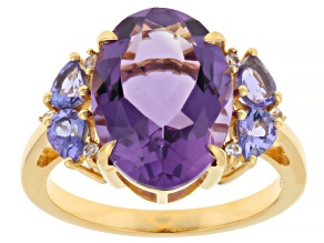 Canela Amethyst With Tanzanite And White Zircon 18k Yellow Gold Over Sterling Silver Ring 5.16ctw
