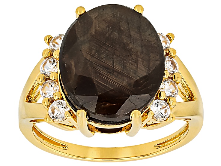 Golden Sheen Sapphire With White Zircon 18k Yellow Gold Over Sterling Silver Ring 8.76ctw