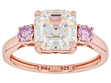 Picture of White Strontium Titanate With Pink Moissanite Fire® 18k Rose Gold Over Sterling Silver Ring 3.78ctw