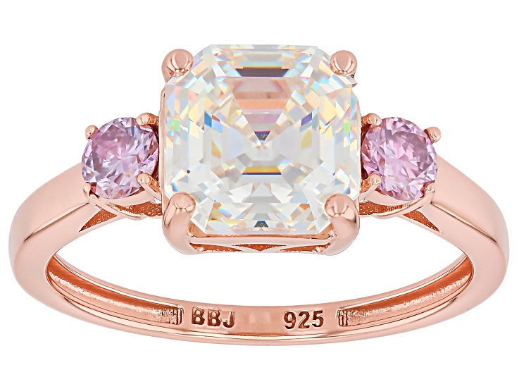 White Strontium Titanate With Pink Moissanite Fire® 18k Rose Gold Over Sterling Silver Ring 3.78ctw