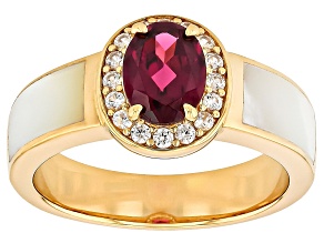 Grape Color Garnet, White Zircon, Mother-Of-Pearl 18k Yellow Gold Over Sterling Silver Ring 1.49ctw