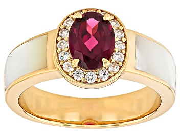 Picture of Grape Color Garnet, White Zircon, Mother-Of-Pearl 18k Yellow Gold Over Sterling Silver Ring 1.49ctw