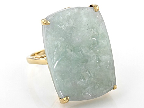 Green Carved Jadeite 14k Yellow Gold Ring 25x18mm
