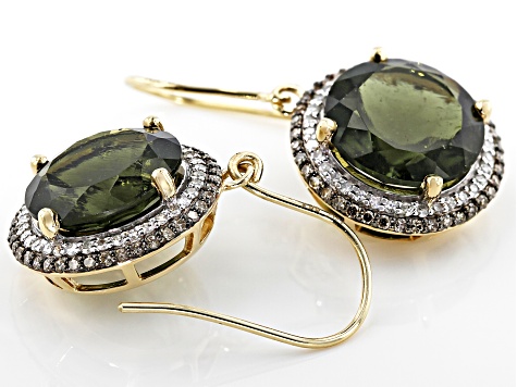 Green Moldavite 14k Yellow Gold Earrings 8.82ctw