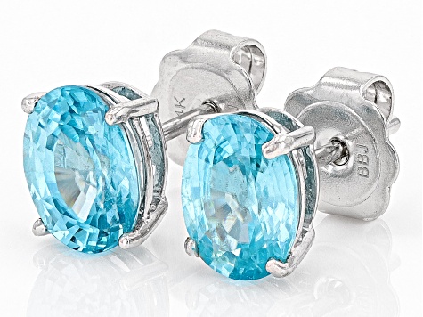 Blue Zircon Rhodium Over 14k White Gold Stud Earrings 3.20ctw