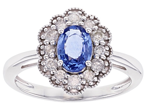 Oval Ceylon Sapphire With Round White Diamond Rhodium Over 14k White Gold Ring 1.16ctw