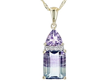 Picture of Bi Color Fluorite, Amethyst And White Diamond 14k Yellow Gold Pendant With Chain 4.25ctw