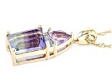 Bi Color Fluorite, Amethyst And White Diamond 14k Yellow Gold Pendant With Chain 4.25ctw