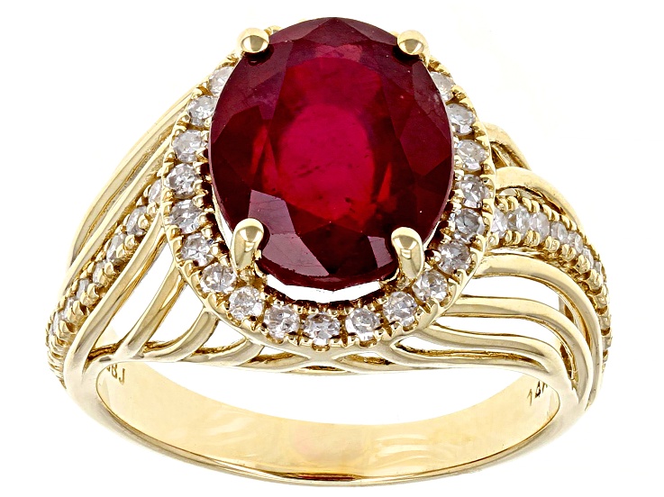 Red Oval Mahaleo Ruby And White Diamond 14k Yellow Gold Ring 4.88ctw WPG591 JTV