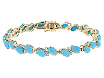 Picture of Blue Sleeping Beauty Turquoise With White Diamond 14k Yellow Gold Bracelet 0.33ctw