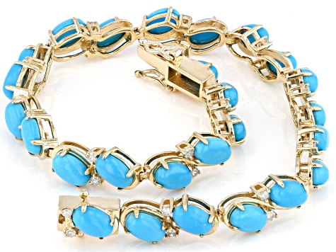 Blue Sleeping Beauty Turquoise With White Diamond 14k Yellow Gold Bracelet 0.33ctw