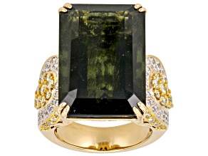 Green Moldavite With Yellow And White Diamonds 18k Yellow Gold Ring 26.35ctw