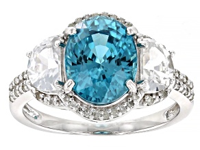 Blue Zircon with White Zircon and White Diamonds 14k White Gold Ring 4.94ctw