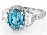 Blue Zircon with White Zircon and White Diamonds 14k White Gold Ring 4.94ctw