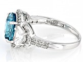 Blue Zircon with White Zircon and White Diamonds 14k White Gold Ring 4.94ctw