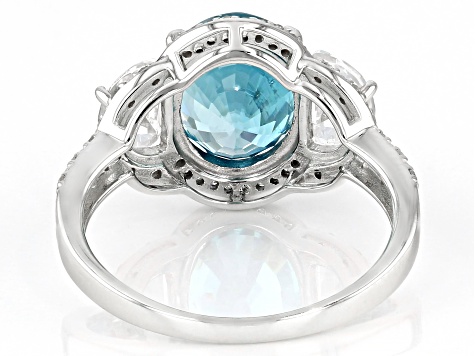 Blue Zircon with White Zircon and White Diamonds 14k White Gold Ring 4.94ctw