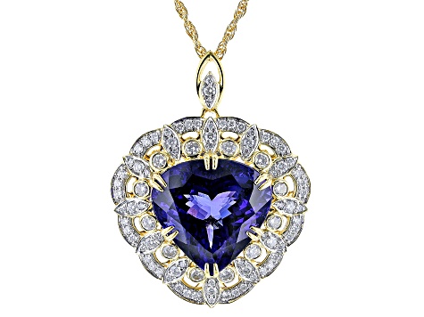 Blue Tanzanite And White Diamond 18k Yellow Gold Pendant With Chain 26.04ctw