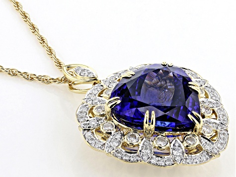 Blue Tanzanite And White Diamond 18k Yellow Gold Pendant With Chain 26.04ctw