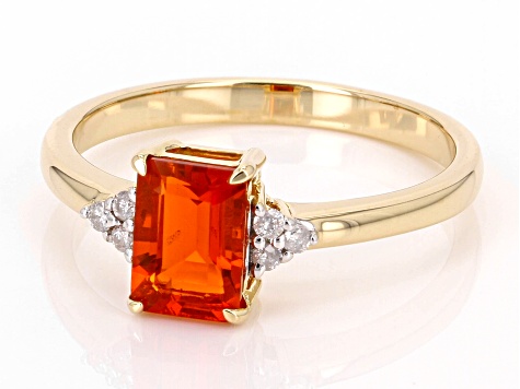 Fire Opal And White Diamond 14k Yellow Gold Ring 0.48ctw