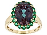 Blue Lab Created Alexandrite With Lab Created Emerald 10k Yellow Gold Ring 6.82ctw