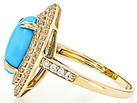 Blue Sleeping Beauty Turquoise With White Zircon 14k Yellow Gold Ring 0.67ctw