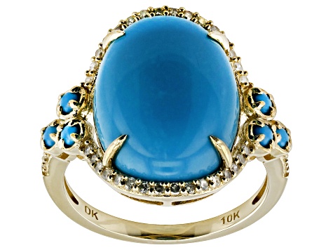 Blue Sleeping Beauty Turquoise With White Diamond 10k Yellow Gold Ring 0.15ctw