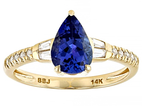 Blue Tanzanite With White Diamond And White Zircon 14k Yellow Gold Ring 1.41ctw