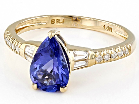 Blue Tanzanite With White Diamond And White Zircon 14k Yellow Gold Ring 1.41ctw