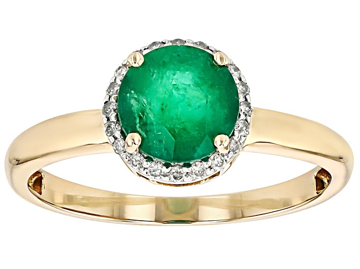Green Emerald With White Diamond 14k Yellow Gold Ring 1.09ctw
