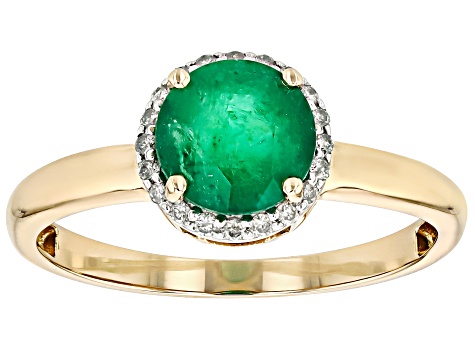 Green Emerald With White Diamond 14k Yellow Gold Ring 1.09ctw