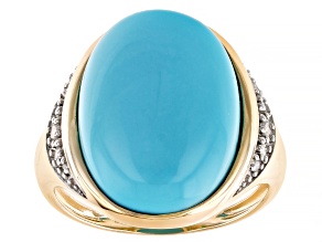 Blue Sleeping Beauty Turquoise With White Diamond 14k Yellow Gold Ring 0.08ctw