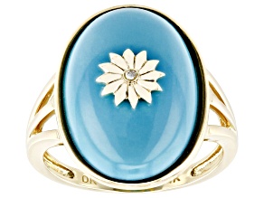 Blue Sleeping Beauty Turquoise With White Diamond Accent 14k Yellow Gold Ring