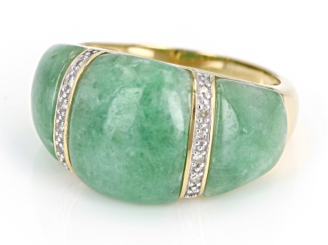 Green Jadeite With White Diamond 14k Yellow Gold Ring 0.05ctw